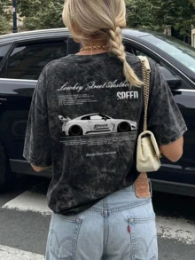 Áo thun ngắn tay cổ tròn nhuộm màu tie-dye thời trang mùa hè mới, in khẩu hiệu tiếng Anh, kiểu dáng thường ngày, họa tiết hoa mai và cây thông đa năng, phù hợp cho nữ, màu đen. - màu đen - Xem 1