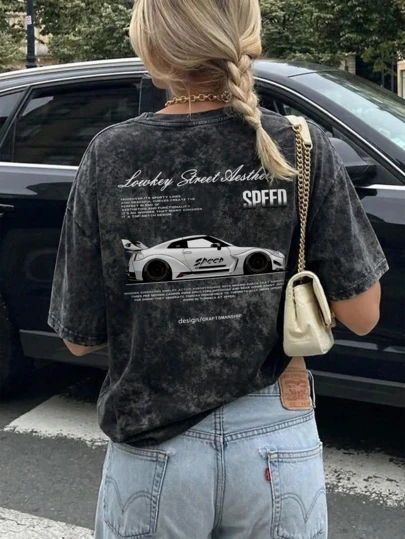 夏季新款时尚英文标语印花休闲圆领扎染短袖T恤，百搭梅花松树图案设计，适合女性，黑色