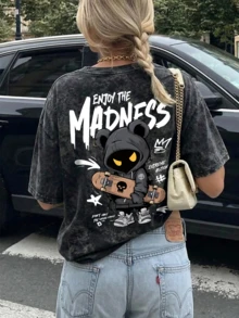 Camiseta de manga corta para mujer con estampado de oso y patineta estilo tie-dye oscuro, corte holgado, cuello redondo, top casual estilo Y2K, verano negro - Negro - Ver 1