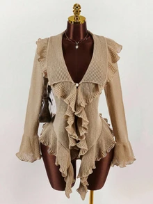Plus Size Women Ruffled Knit Cardigan, Elegant Bell Sleeve Sweater, Casual Beach Holiday Party Outfit For Spring/Summer/Autumn - Khaki - View 5