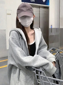 Sweatshirt Kasual Wanita Lengan Panjang Model Bahu Longgar Warna Polos dengan Resleting Depan untuk Musim Semi - Abu putih - View 2