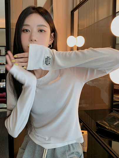 Soft All-Match Versatile Crew Neck Long Sleeve Tee Casual White Spring