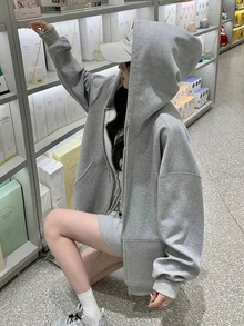 纯色落肩抽绳连帽衫，长袖上衣，休闲春季款 - 淺灰色 - 查看 2