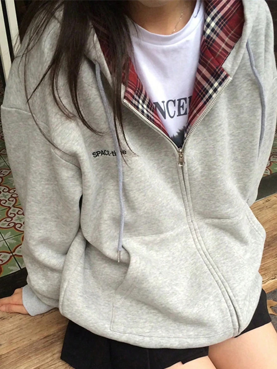 Sudadera con capucha casual y suelta con estampado de texto en inglés, manga larga, para otoño, invierno y primavera - Gris - Ver 1