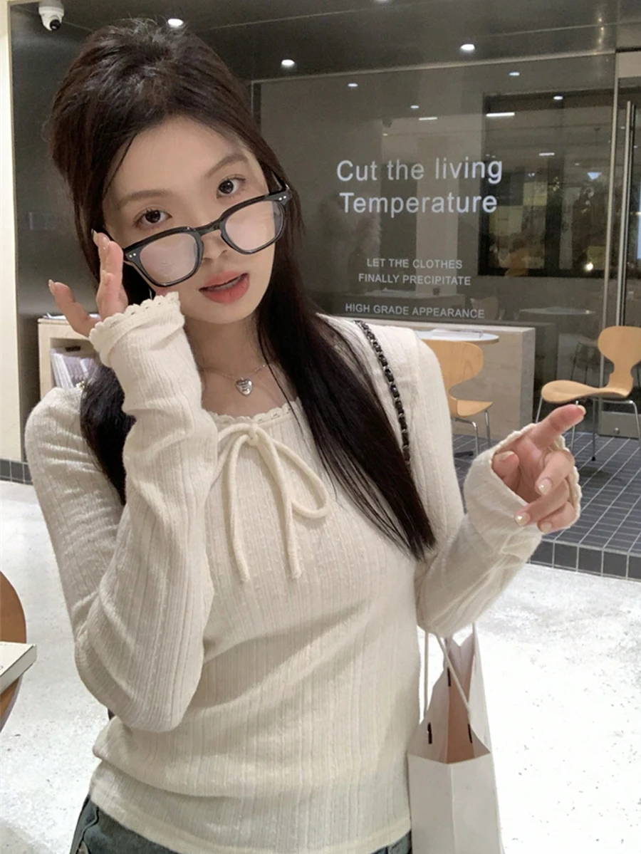 Women's Casual Commuting Elegant Elegant Solid Color Lace-Up Long Sleeve Slim Fit T-Shirt, Spring/Autumn - Apricot - View 1