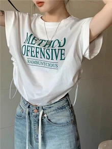 女士夏季短袖白色T恤，字母印花，圆领，宽松版型，配有抽绳细节，休闲百搭。 - 白色 - 查看 1