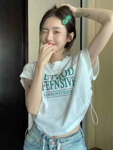 女士夏季短袖白色T恤，字母印花，圆领，宽松版型，配有抽绳细节，休闲百搭。 - 白色 - 查看 2