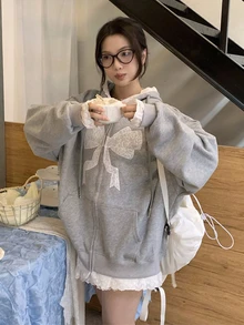 女士休闲蝴蝶结撞色蕾丝连帽拉链卫衣外套，适合秋冬季节，长袖上衣，春季款 - 灰色 - 查看 2