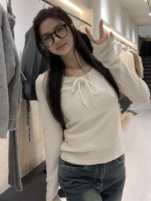 Women's Casual Commuting Elegant Elegant Solid Color Lace-Up Long Sleeve Slim Fit T-Shirt, Spring/Autumn - Apricot - View 2