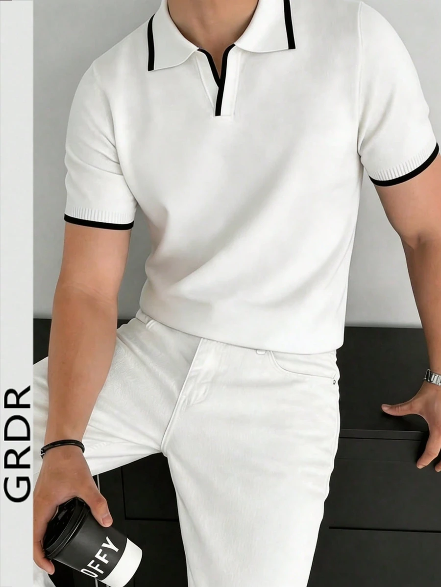 T-shirt décontracté à manches courtes en tricot rayé pour hommes GRDR - minimaliste, à la mode, confortable - Blanc - Voir 1