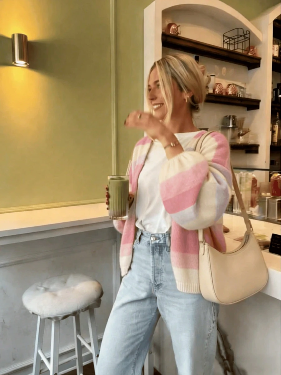 Women's Striped Drop Shoulder Long Sleeve Loose Casual Knit Cardigan White - White - View 1
