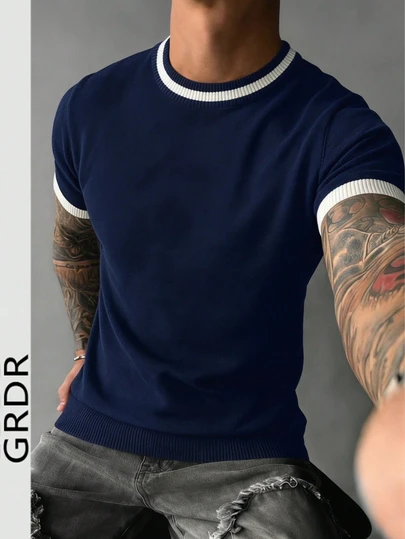  GRDR Men's Striped Crew Neck Lightweight Knit Short Sleeve - Fashionable Versatile Casual Minimalist T-Shirt