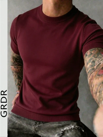  Camiseta de punto de manga corta con cuello redondo y rayas, de hombre GRDR - Versátil y casual, de estilo minimalista y de moda