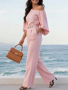 Bộ đồ nữ màu hồng thanh lịch gồm 2 món, áo kiểu bất đối xứng kết hợp với quần tây, thích hợp cho mùa xuân/hè, Ngày của Mẹ, mặc hàng ngày, đi nghỉ mát, đi làm. - Hồng - Xem 3