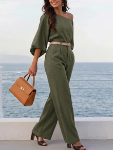 Bộ đồ nữ thanh lịch màu xanh quân đội gồm 2 mảnh, áo lệch vai phối cùng quần tây, thích hợp cho mùa xuân/hè, Ngày của Mẹ, mặc hàng ngày, đi nghỉ mát, đi làm. - xanh quân đội - Xem 3