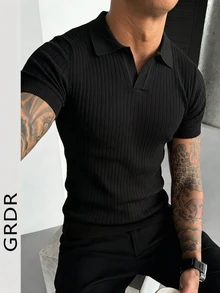 GRDR 男士夏季针织Polo衫，纯色短袖针织领，适合夏季外出穿着，时尚穿搭必备单品 - 黑色 - 查看 4