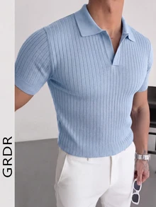 GRDR Áo polo nam mùa hè dệt kim, màu trơn, tay ngắn, cổ bẻ, thích hợp cho các hoạt động mùa hè, là item không thể thiếu cho trang phục thời trang. - Màu xanh nhạt - Xem 2