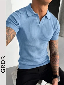 GRDR 男士夏季针织Polo衫，纯色短袖针织领，适合夏季外出穿着，时尚穿搭必备单品 - 淺藍色 - 查看 3
