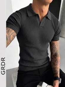 GRDR 男士夏季针织Polo衫，纯色短袖针织领，适合夏季外出穿着，时尚穿搭必备单品 - 深灰色 - 查看 3