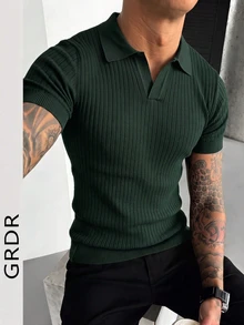 GRDR 男士夏季针织Polo衫，纯色短袖针织领，适合夏季外出穿着，时尚穿搭必备单品 - 綠色 - 查看 6