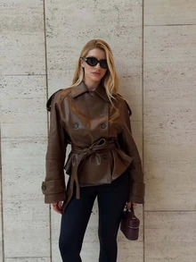 Spring/Summer New Arrival Long Sleeve Lapel PU Leather Short Windbreaker, Casual Waist Cinched Commuting Motorcycle Jacket - Khaki - View 2
