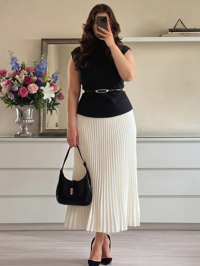 Plus Size Elegant Commuter Solid Color Stand Collar Vest & Pleated Skirt Set