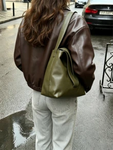 女款復古棕色PU皮革飛行員夾克，翻領、長袖、拉鍊、短款外套，適合日常穿著，秋冬季 - 咖啡棕 - 查看 2