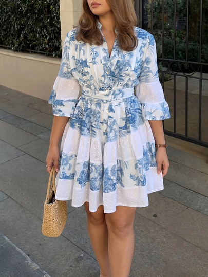 Plus Size Vacation Casual Printed Patchwork Hollow Embroidery Dress Elegant