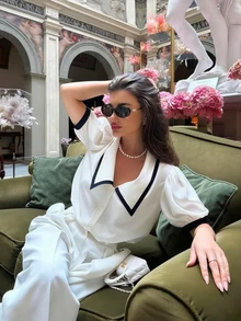 Top de bloques de color negro y blanco para mujer talla grande, verano - Blanco - Ver 2