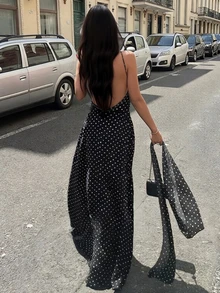 Sedessea 黑色波點長洋裝，露背細肩帶洋裝附頸飾圍巾，女款派對優雅風 - 黑色 - 查看 4