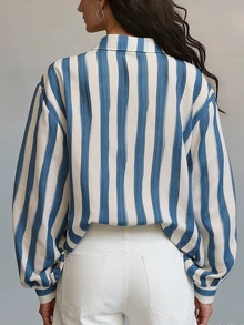 Women's Autumn Blue & White Striped Print Lapel Long Sleeve Blouse, Loose Lantern Sleeve Lightweight Textured Shirt, Relaxed Commute Vacation Versatile Top - Blue - View 4
