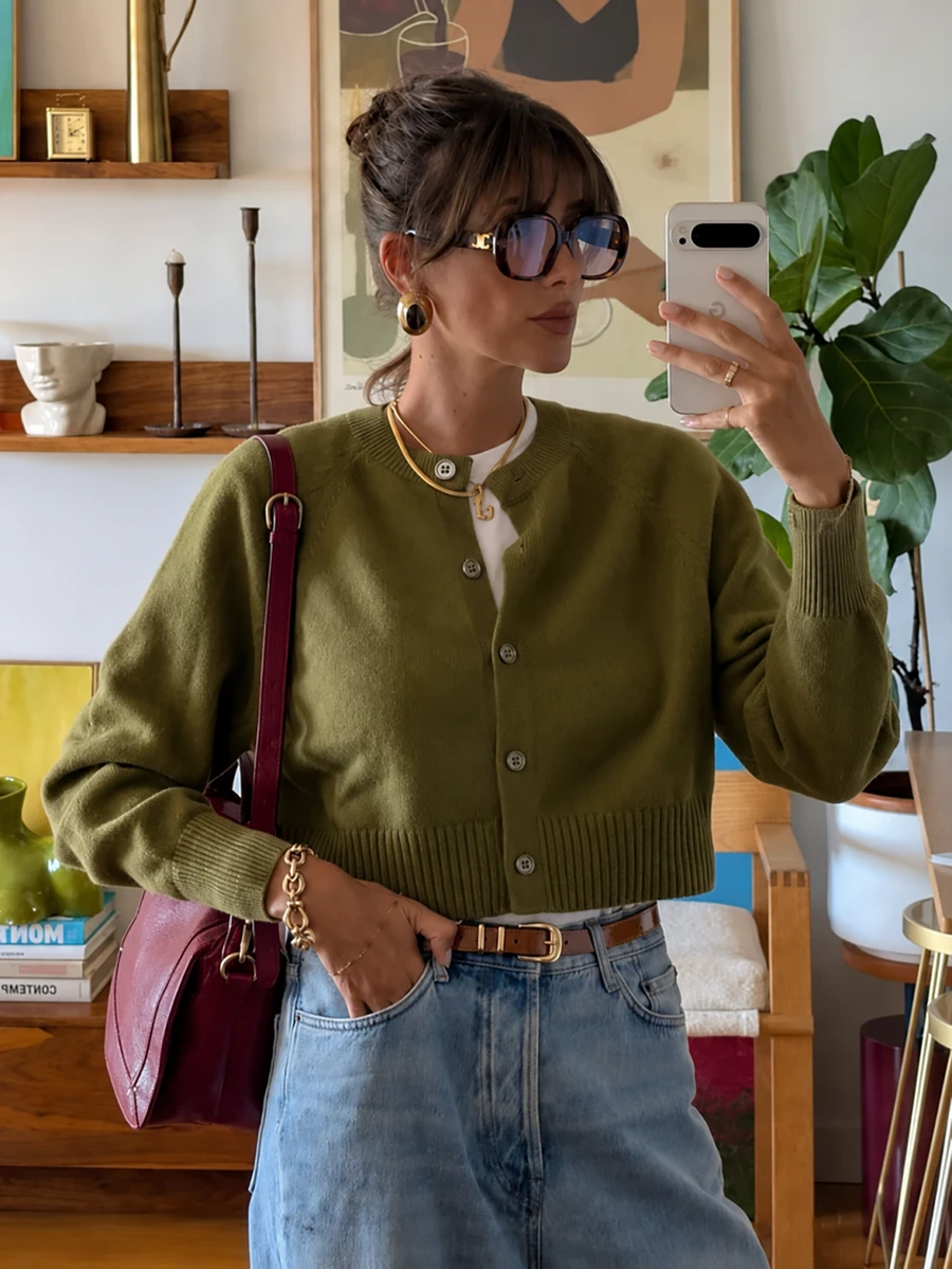 French Elegant Open Collar Button-Up Short Loose Fit Knit Cardigan, Suitable For Spring And Autumn Casual Commute And Party Occasions, Perfect For St. Patrick's Day