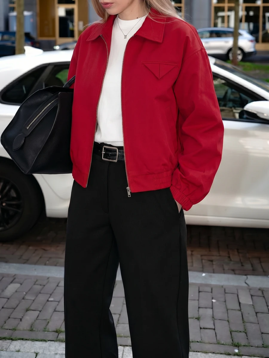 Women's Fashion Street Style Casual Red Turn-Down Collar Flight Jacket Coat, All Seasons - Red - View 1