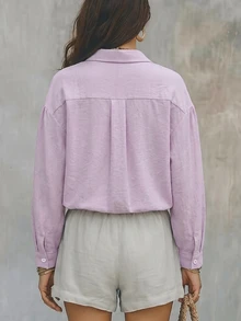 Fall Women Solid Lavender Shirt Collar Blouse Long Sleeve Button Front Drawstring Hem Loose Fit Casual Tops - Mauve Purple - View 2