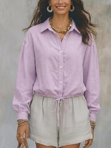 Fall Women Solid Lavender Shirt Collar Blouse Long Sleeve Button Front Drawstring Hem Loose Fit Casual Tops - Mauve Purple - View 3