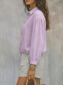 Fall Women Solid Lavender Shirt Collar Blouse Long Sleeve Button Front Drawstring Hem Loose Fit Casual Tops - Mauve Purple - View 4