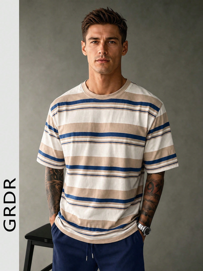GRDR Men's Khaki & Blue Colorblock Striped Short Sleeve Shirt & Shorts Set, Summer Casual Sports 2-Piece Outfit, Comfortable & Breathable