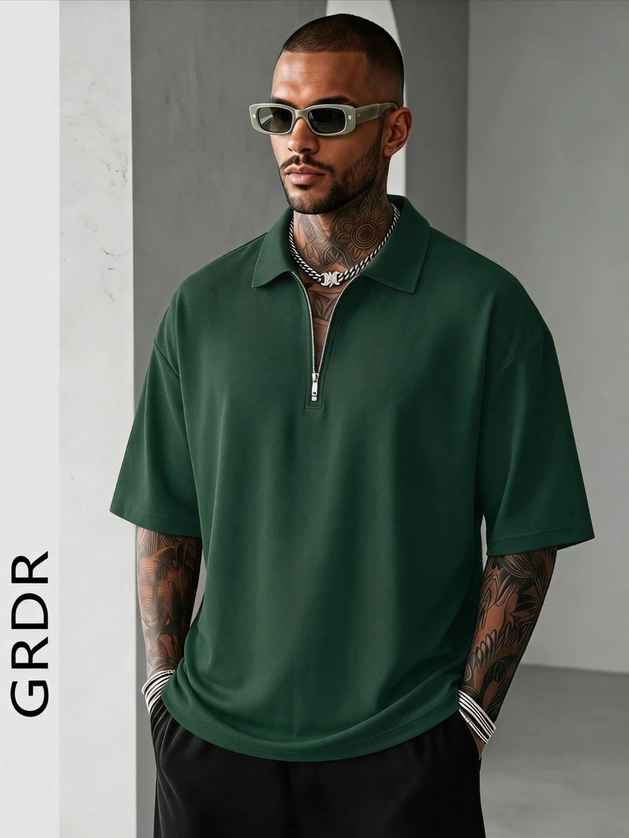 GRDR 男士夏季半拉鍊 Polo 短袖 T 恤,純色經典款,適合戶外休閒穿著 - 墨綠色 - 查看 1