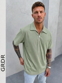 GRDR 成熟男士純色半拉鍊 Polo 短袖衫，商務休閒百搭款 - 橄欖綠 - 查看 6