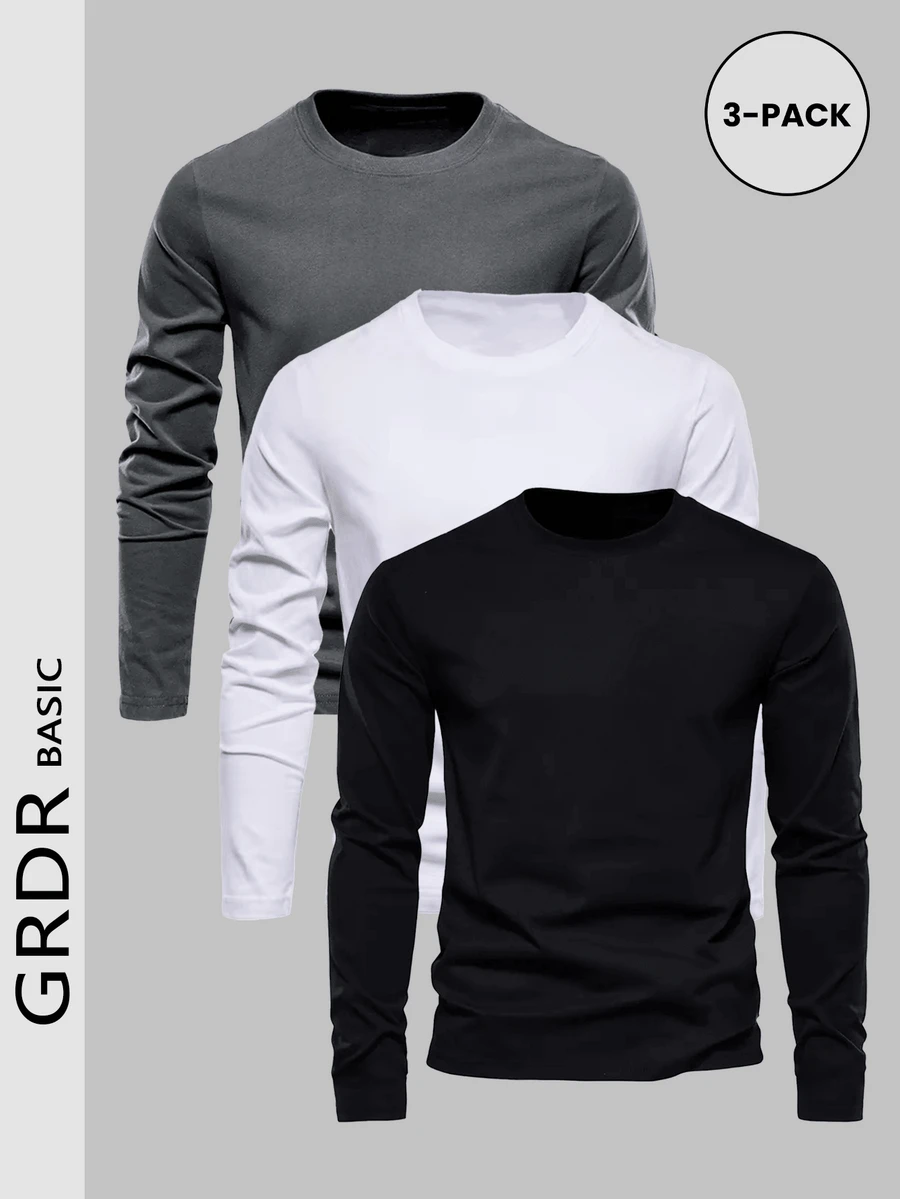 GRDR 3pcs/Pack Men's Spring/Autumn Casual Daily Essential Crew Neck Long Sleeve T-Shirt, Solid Color Basic Style, Suitable For Layering Or Wearing Alone - Multicolor - View 1