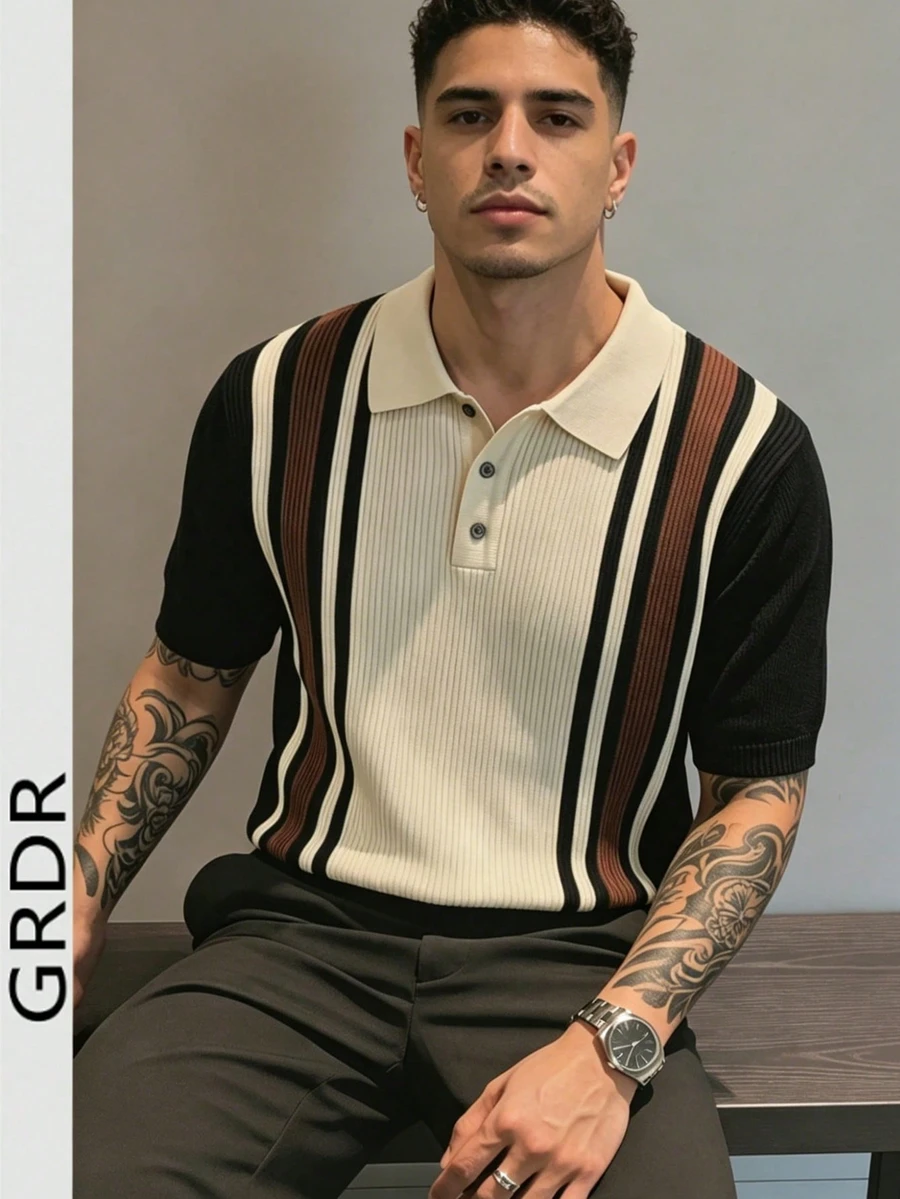 GRDR 男士 Polo 领条纹休闲简约时尚针织短袖 T 恤 - 适合日常外出和活动穿着