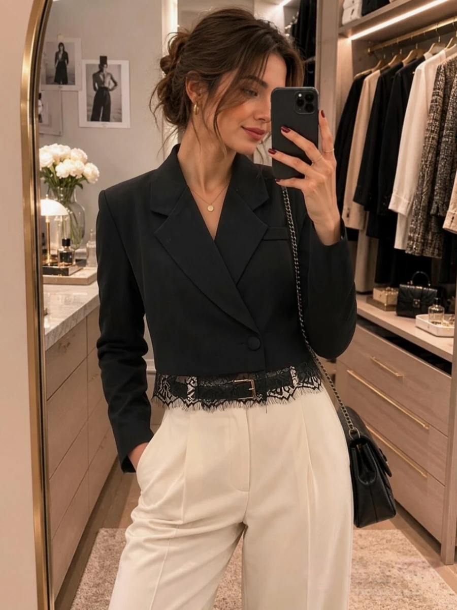 Blazer Wanita Bahan Tenun Kancing Ganda dengan Saku Panjang Standar Lengan Panjang Tipe Reguler Jaket Jas Tidak Melar - Hitam - View 1
