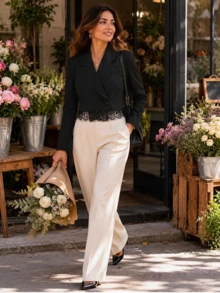 Blazer Wanita Bahan Tenun Kancing Ganda dengan Saku Panjang Standar Lengan Panjang Tipe Reguler Jaket Jas Tidak Melar - Hitam - View 2