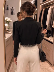 Blazer Wanita Bahan Tenun Kancing Ganda dengan Saku Panjang Standar Lengan Panjang Tipe Reguler Jaket Jas Tidak Melar - Hitam - View 3