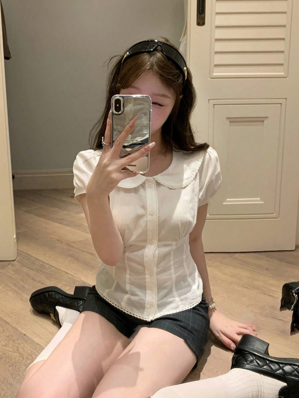 여성용 화이트 여름 프렌치 스위트 피터팬 칼라 퍼프 소매 반팔 블라우스