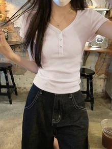 美式風格女款 V 領標準肩短袖 T 恤，修身顯瘦簡約百搭上衣，粉色休閒夏季款 - 粉色 - 查看 2