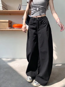 女款水洗圓弧下擺寬腿長褲，寬鬆休閒時尚百搭黑色長褲 - 黑色 - 查看 2