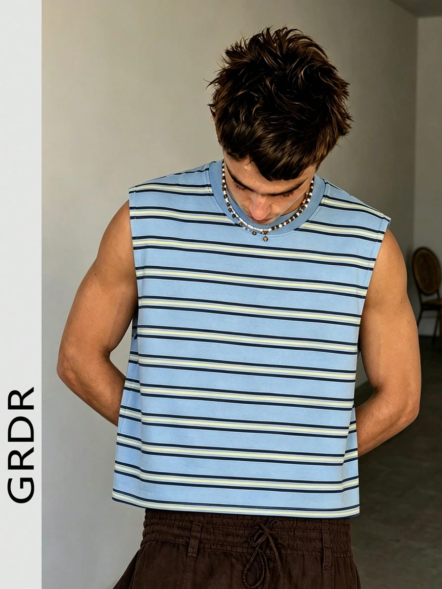 GRDR Minimalist Striped Digital Print Summer Men's Streetwear Casual Fashion Loose Fit Versatile Tank Top
