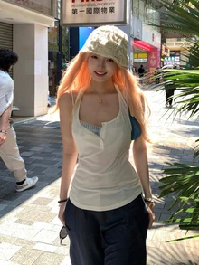 韓式女款細肩帶背心上衣 微透針織百搭休閒白色夏季上衣 - 白色 - 查看 1