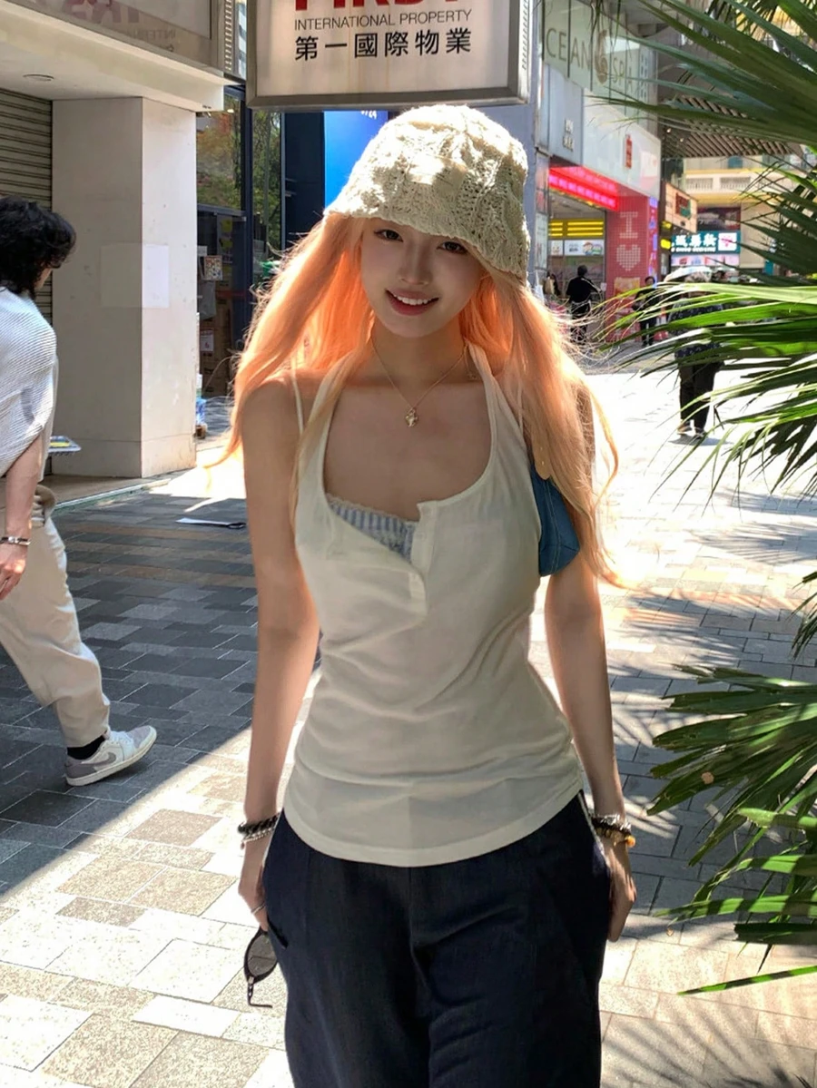 韓式女款細肩帶背心上衣 微透針織百搭休閒白色夏季上衣 - 白色 - 查看 1